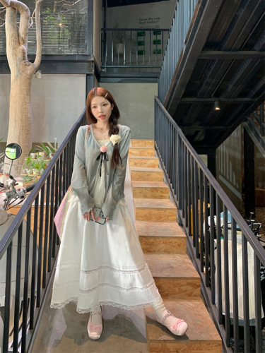 Actual shot of playful girl suit~Korean chic summer gray pink floral long-sleeved top + lace skirt