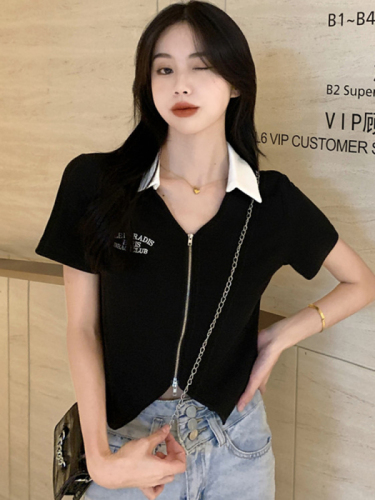 Short zipper top, summer sweet and spicy, slimming, covering irregular belly, polo collar short-sleeved T-shirt for women