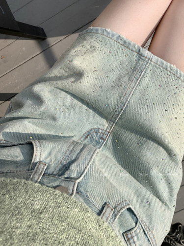 Actual shot of 2024 spring and summer new heavy industry color glitter hot diamond high waist slimming A-line denim skirt