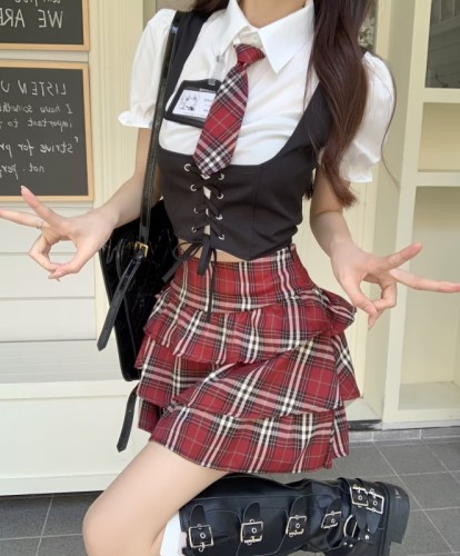 Actual shot of college style uniform suit shirt + strappy vest + plaid skirt with tie and school seal