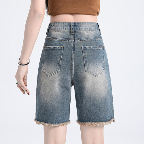 Large size high waist cover-up raw edge slim denim shorts for fat girl sister straight leg five-point medium pants slightly fat hot pants