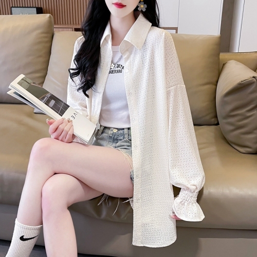 Real shot cardigan, sun protection clothing, long-sleeved jacket, mid-length shirt, women's summer loose POLO collar, versatile thin top