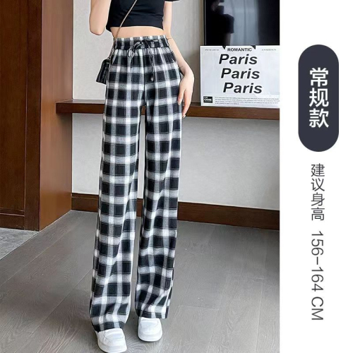 Women's spring and summer high-waisted floor-length pants with pockets 2024 new women's pants casual straight black and white plaid pants