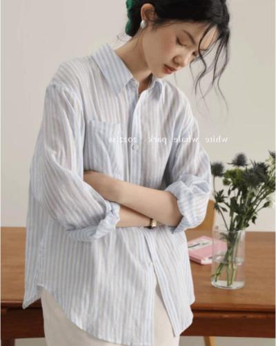 French blue striped sun protection shirt jacket for women summer thin long-sleeved cotton and linen shirt high-end cardigan top