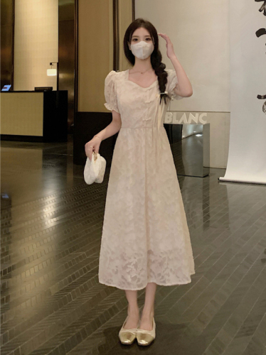 Real shot French V-neck platycodon dress fairy summer new design slim niche puff sleeve long dress