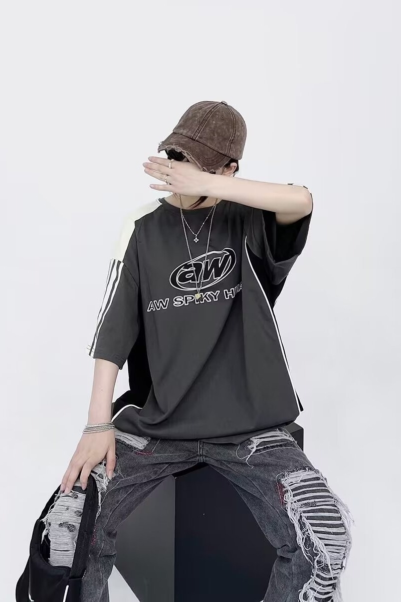 American-style trendy vintage dark niche design sense sport color-block deconstructed patchwork striped racing style short-sleeve T-shirt