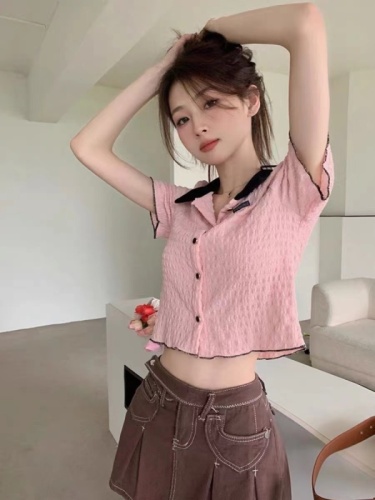 Summer new Korean fashion suit collar color matching versatile short-sleeved cardigan top for women