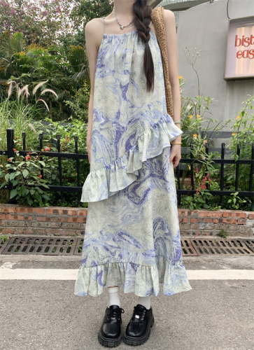 Actual shot ~ Smudged blue, purple and green printed ruffled suspender resort style seaside sweet dress