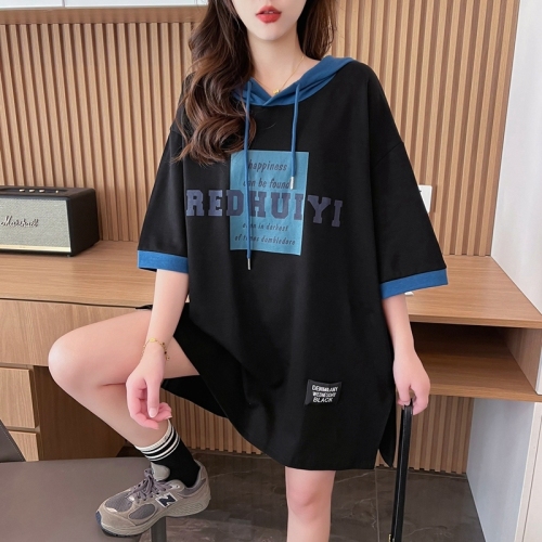 Real shot of pure cotton 200g back collar mid-length contrasting color hooded short-sleeved T-shirt women's loose large size summer top