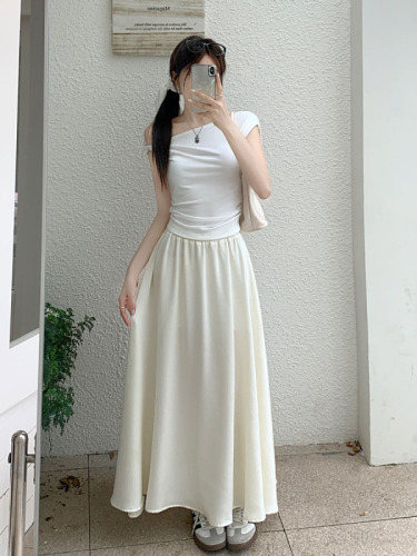 Real shot ~ Satin skirt for women spring and summer 2024 new style French elastic long skirt that covers the crotch and swings wide