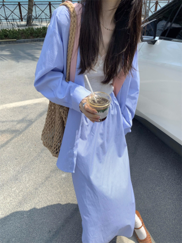 Actual shot of Korean chic lazy and versatile sun protection shirt and elastic skirt suit