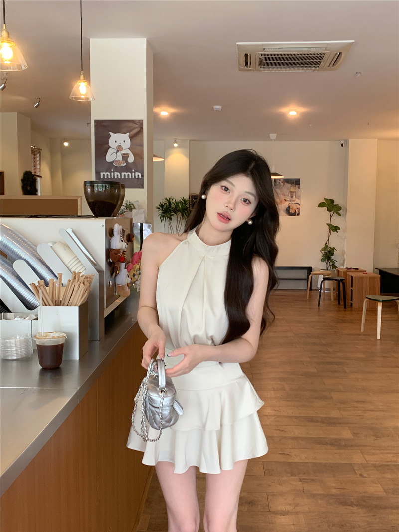 Actual shot of new summer Korean style satin sleeveless top + ruffled high waist skirt suit