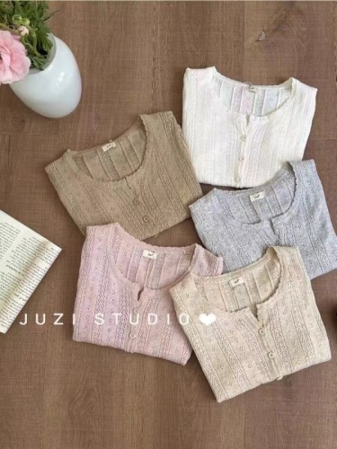 JUZI short-sleeved round neck puff-sleeved sweater cardigan for women 2024 spring and summer high-waist hook pattern hollow short top