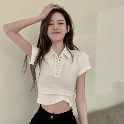 Short-sleeved right shoulder top 2024 summer new Korean style slim white hot girl BM style short POLO collar T-shirt for women