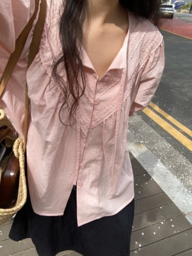 Korean chic spring temperament lace single-breasted ribbon shirt puff short-sleeved shirt
