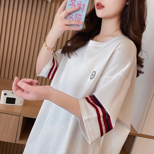 Actual shot of pure cotton 200 grams, back collar, mid-length contrasting color round neck short-sleeved T-shirt for women, loose summer top