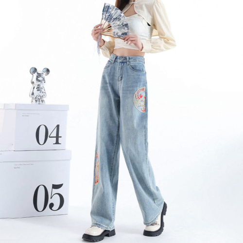 National style embroidery new Chinese style wide leg jeans for women spring high waist loose light color large size narrow straight pants ins