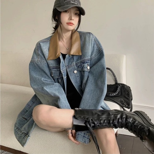 Pu leather splicing polo collar denim jacket for women spring and autumn retro Hong Kong style loose mid-length work jacket top
