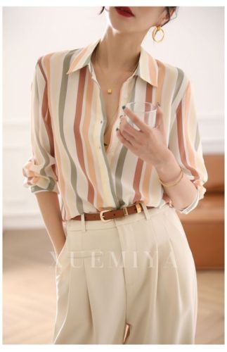 Striped shirt top women's long-sleeved spring wear new niche retro silk mulberry silk shirt women's slimming