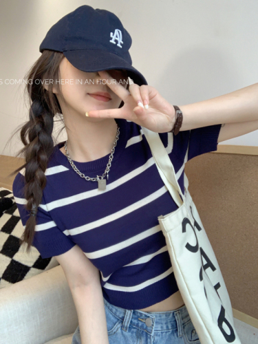 kumikumi撞色条纹针织T恤女夏季圆领短款打底衫修身显瘦短袖上衣