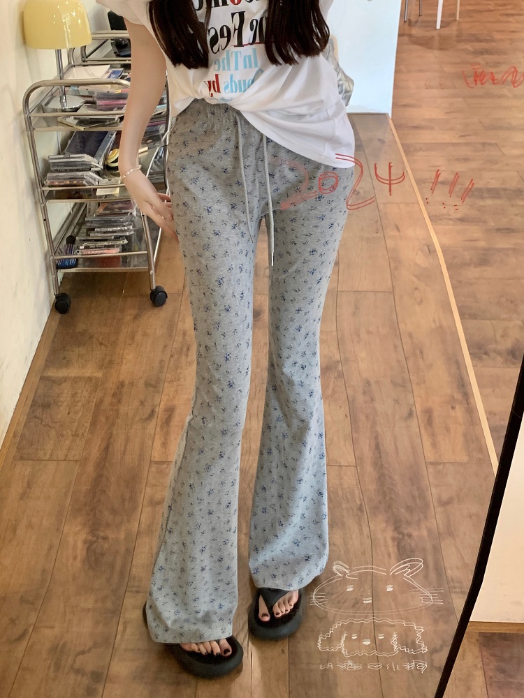 Real shot of retro small floral drawstring fishtail pants 2024 summer new style high waist slim fit bootcut casual pants