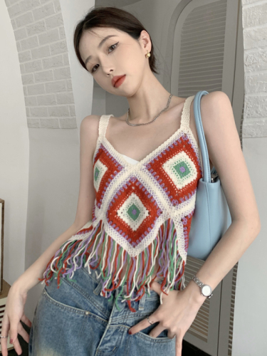 Real shot Summer pure lust style rhombus crochet hollow fringed camisole design hot girl tops for women