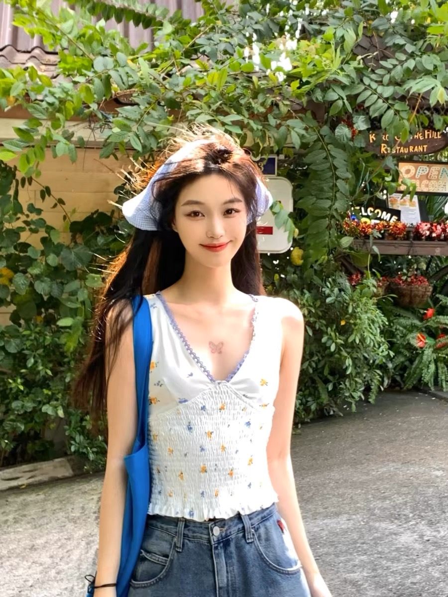 法式浪漫復古小碎花深V領彈力修身無袖T恤上衣女士短款背心夏季