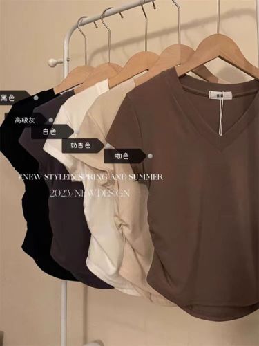 Designed pleated V-neck right shoulder short-sleeved women's all-match slimming pullover T-shirt top