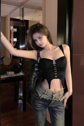 Real shot~European and American retro design corset camisole for women summer short sexy tight bottoming top