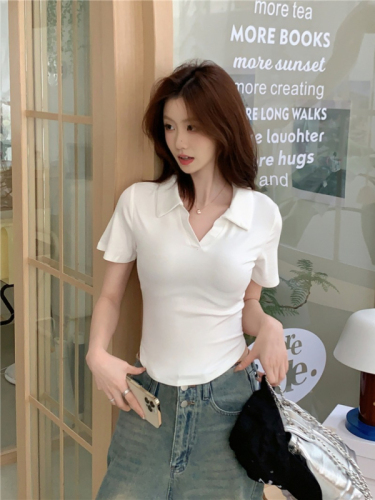 Irregular polo collar shoulder T-shirt women's summer design niche short-sleeved slim short bottoming top