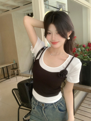 Actual shot Korean version slim fit fake two-piece T-shirt versatile slim pure desire flower short-sleeved camisole for women