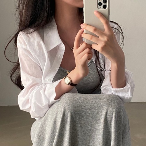 韩国chic夏季长袖雪纺防晒衫设计感小心机后背绑带露背短款衬衫女