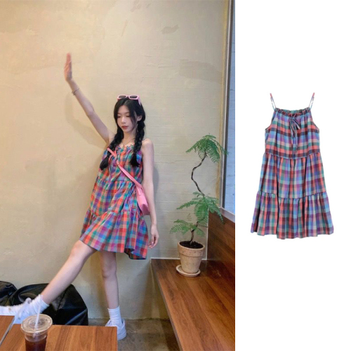 ins style Korean style rainbow plaid suspender skirt female summer sweet dopamine loose girl dress 2