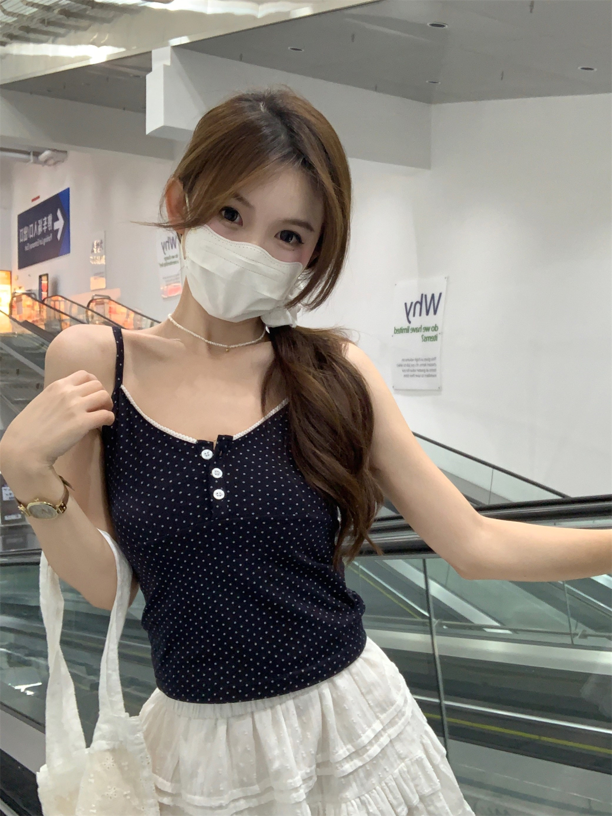 實拍 夏季韓版純欲bm波點紐扣設計感修身純棉吊帶背心T恤上衣