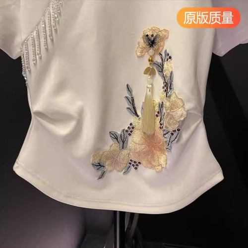 Original workmanship new Chinese style national style embroidered t-shirt women's short-sleeved 2024 summer new plate button short top