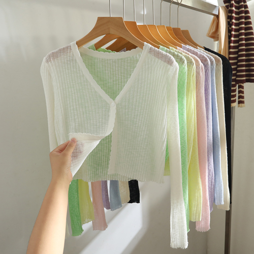Knitted ice silk cardigan short long-sleeved summer spring and autumn outdoor air-conditioning shirt sun protection clothing small shawl top women's blouse