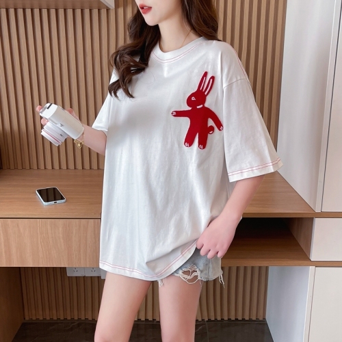 Actual shot of pure cotton 200g, back collar, mid-length toothbrush embroidered round neck short-sleeved T-shirt for women, loose top