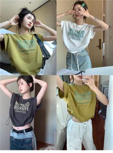 Official photo 6535 stretch cotton retro drawstring pleated irregular short-sleeved T-shirt women's summer design short top