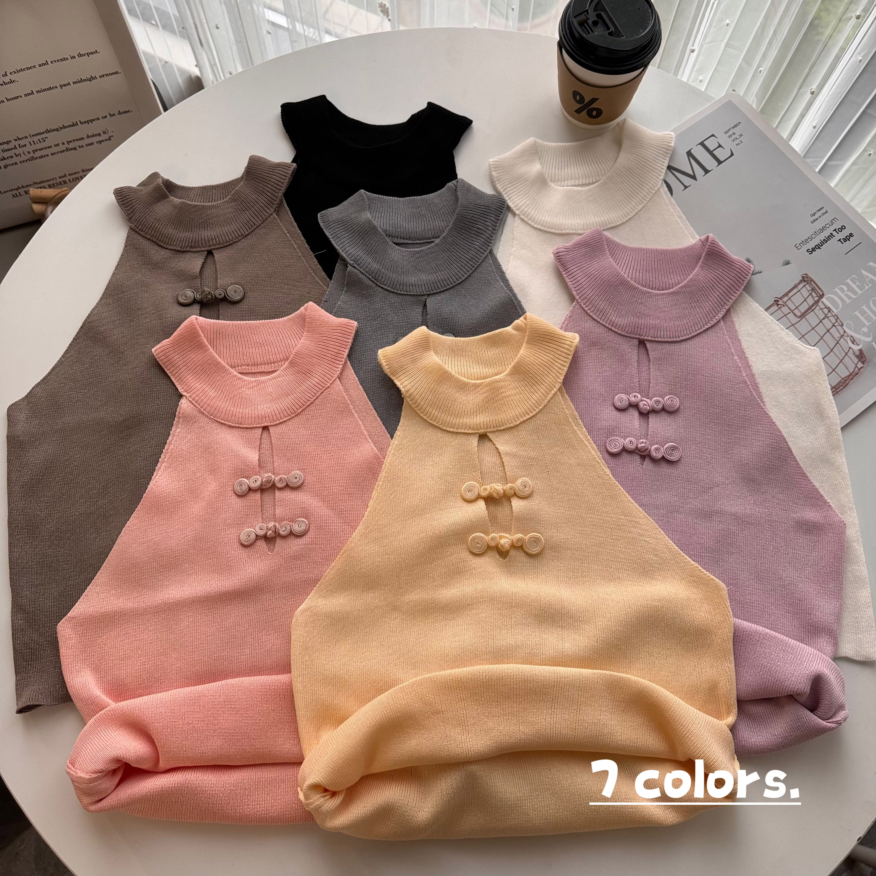Real shot of Chinese style buttoned knitted sweater, sexy halter neck camisole for women, designed hollow slimming top