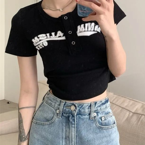 Women's T-shirt Women's Design Niche Summer Letter Print Hot Girl American Right Shoulder Versatile Slim Short Top