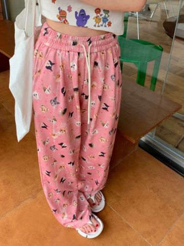 Real shot 2024~Puppy and cat printed sweatpants drawstring elastic waist casual wide leg pants