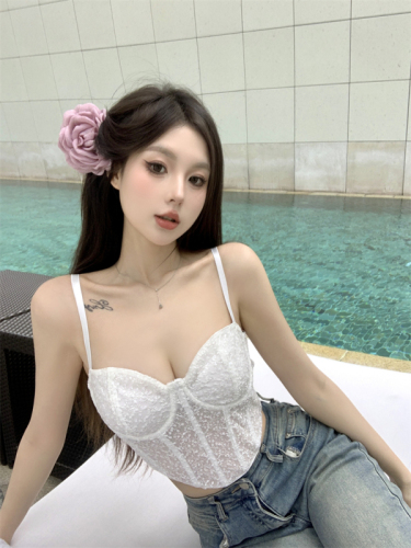 Real shot ~ Silk textured glittering sequined small suspender design sequined vest outer wear women's short top