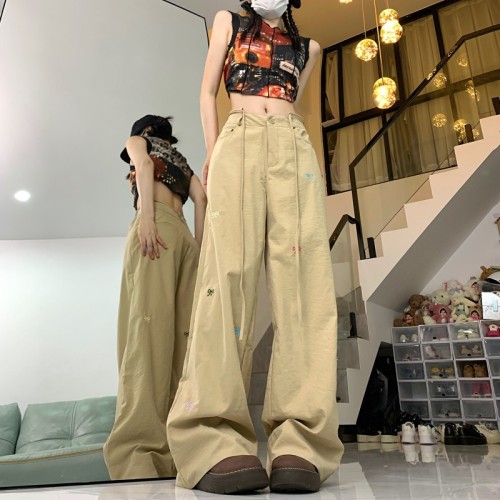 Photographed #Butterfly Knot Embroidery Women's Spring Summer High-Waisted Belted Straight Leg Loose Fitting Slimming Wide Leg Floor-Length Pants
