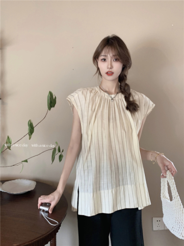 Real shot Korean style simple lazy style striped vest top short sleeves