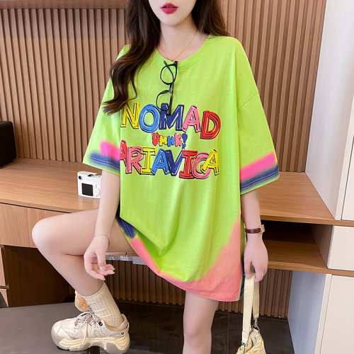 Actual shot of pure cotton 200g back collar mid-length round neck loose short-sleeved T-shirt for women contrasting color large size summer top