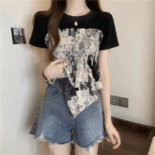 Original workmanship new summer style 2024 plus size women's French casual irregular shoulder short-sleeved versatile T-shirt