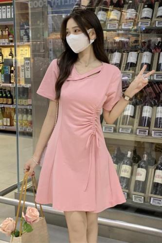 Real shot of sweet and spicy short-sleeved dress for women spring and summer 2024 new drawstring waist slimming skirt for women