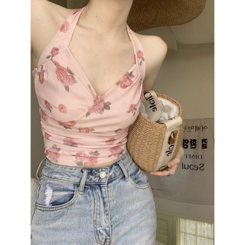 Sweet hot girl floral camisole women's summer wrapped chest outer wear sexy beautiful back Internet celebrity chic short top