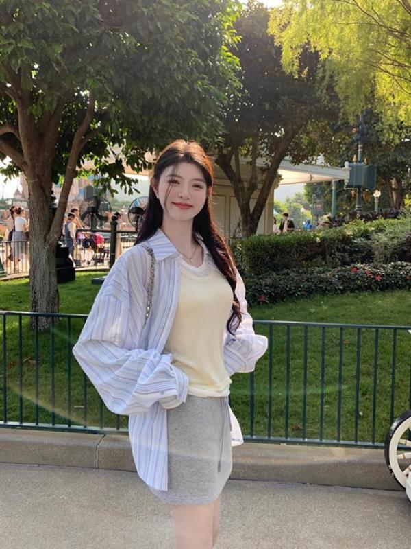 PPHOME Qing Huan Sweetheart~Fashion Striped Sun Protection Shirt Women's Design Loose Lazy Long Sleeve Top Jacket