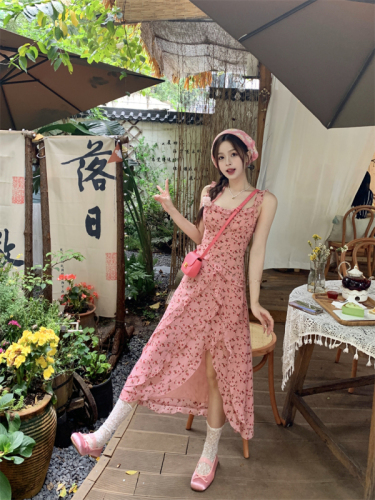 Real shot of Korean style pink floral irregular suspender dress for women